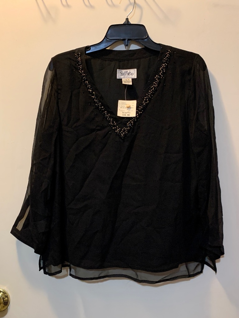 Vintage Bob Mackie Studio Black Beaded Silk Blouse 3/4 Sleeves - Size 12 - NWT